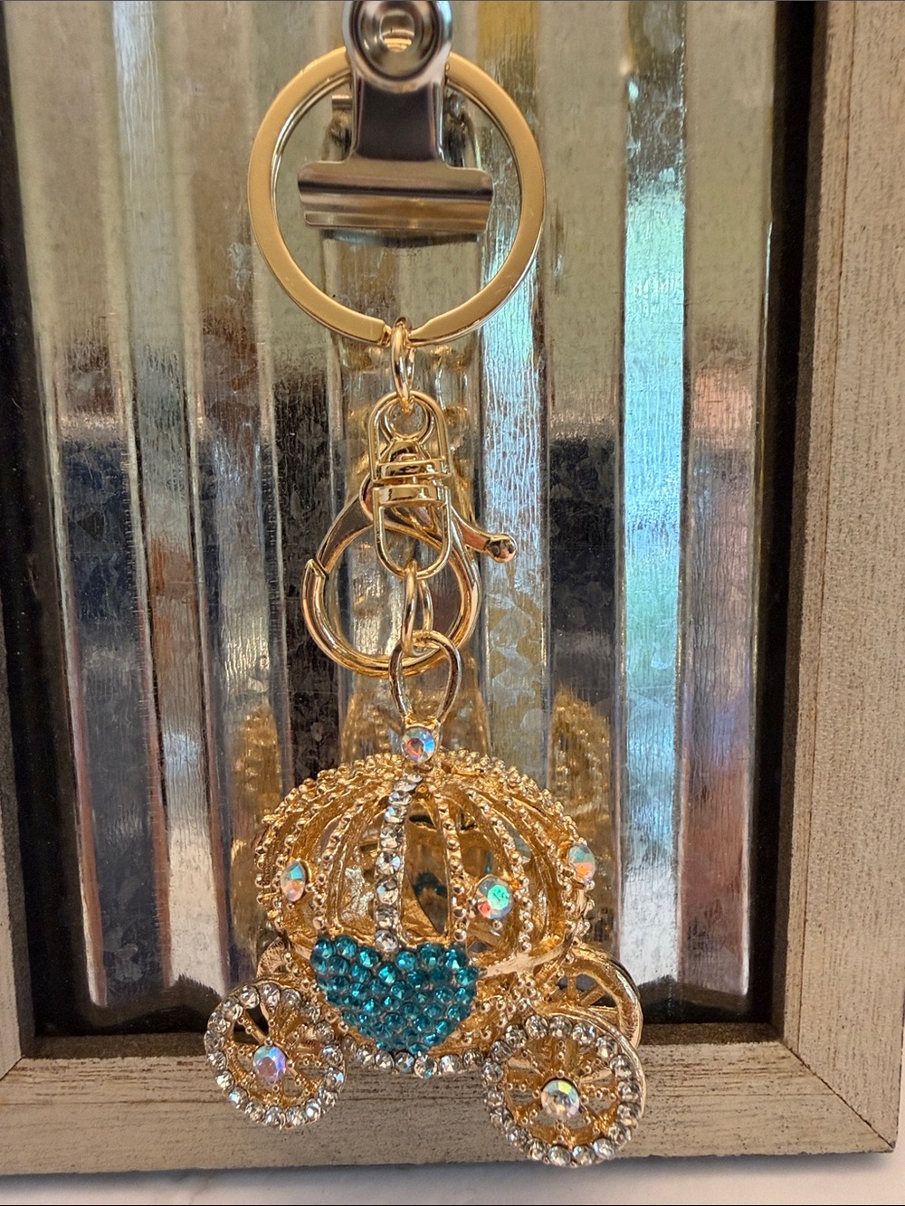 Gold and Teal Crystal Carriage Keychain